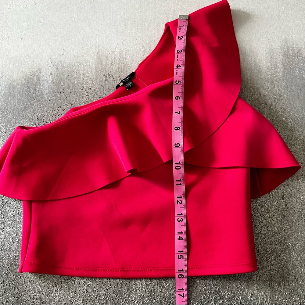 Guess Raspberry Red One Shoulder Ruffled Party Crop Top - Picture 6 of 9